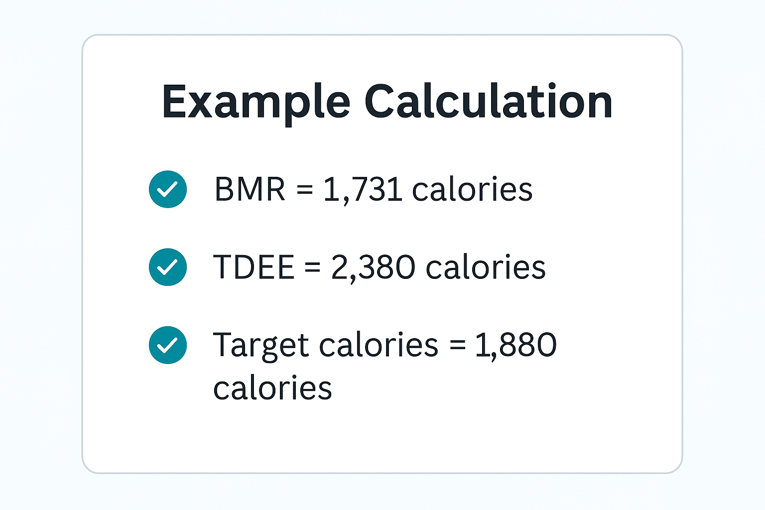 Example calculation card showing BMR, TDEE and target calories for a lightly active person